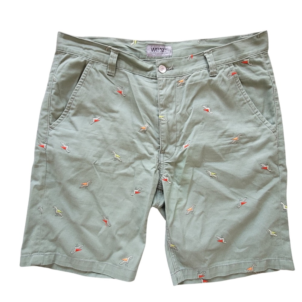 WESC Rai Chino Shorts Mens 34 Sage Green Embroidered Bird Pattern Cotton‎ Preppy